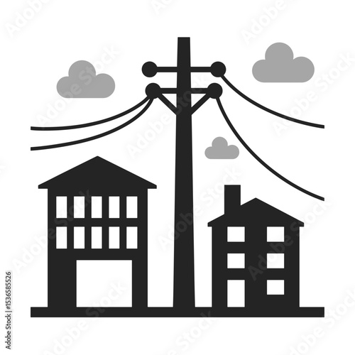 Electric pole with two buildings and clouds in a minimalist style  