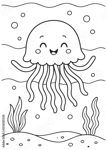 Coloring book jellyfish floating with a joyful smile