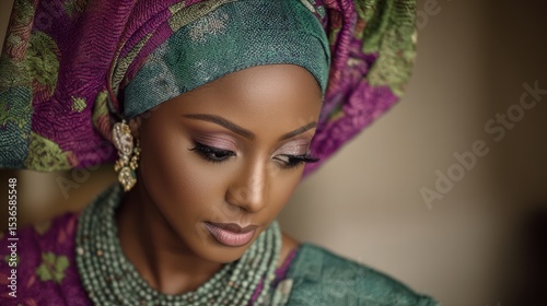 A Nigerian bride in a vibrant gele headwrap and iro and buba, showcasing the rich textures and colors of Yoruba wedding fashion