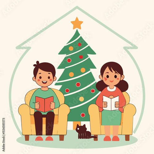 Family christmas reading by the decorated tree inside a cozy illustrated home scene