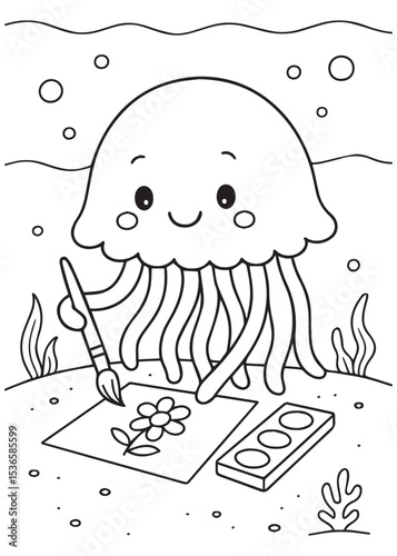 Coloring book jellyfish painting a flower with watercolors underwater