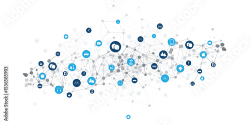 A conceptual vector graphic illustrating a complex network of interconnected nodes and diverse icons, representing the Internet of Things (IoT), global communication, or smart technology.