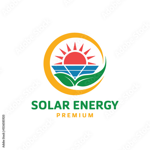 Renewable Energy Symbol with Sun, Solar Panels, and Leaf Solar Logo Design