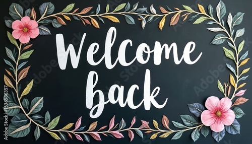 Hand-drawn Welcome Back sign on blackboard. Whimsical botanical design of leaves vines. Perfect for event decor, school openings, greeting. Festive floral illustration background with cheerful