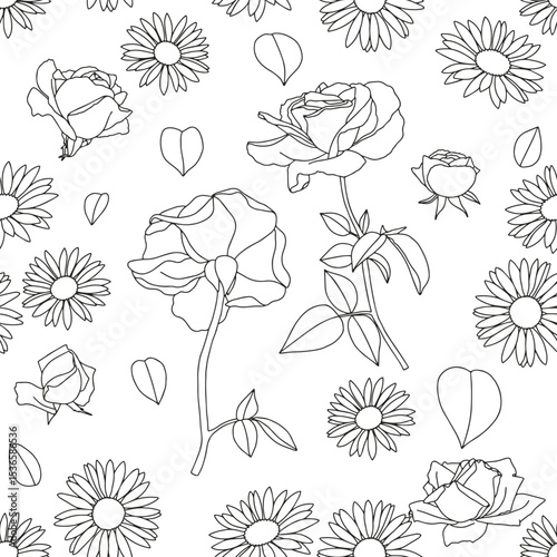 Rose branch with leaves. Coloring page for adults and children.