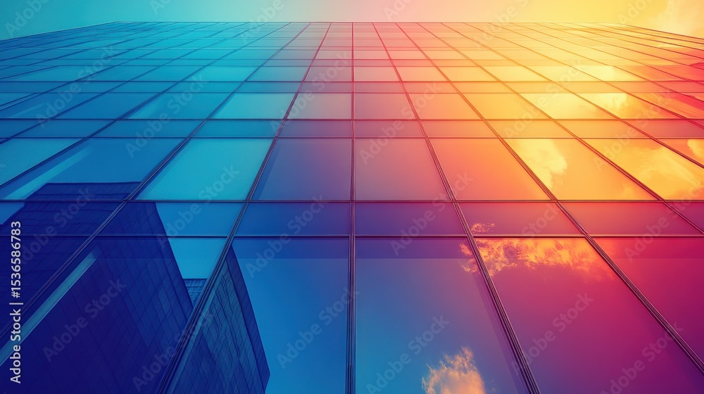 Fototapeta premium Modern glass skyscraper facade reflecting colorful sky