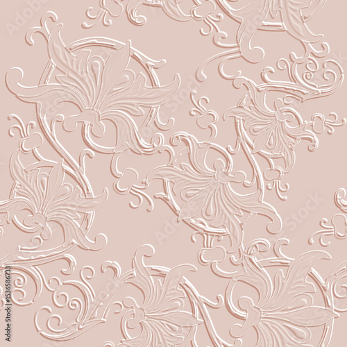 3d elegant textured vintage seamless pattern with embossed floral motifs in soft pastel beige tones, ideal for luxury wallpaper, fabric and classic interior design. Endless vector emboss 3d texture.