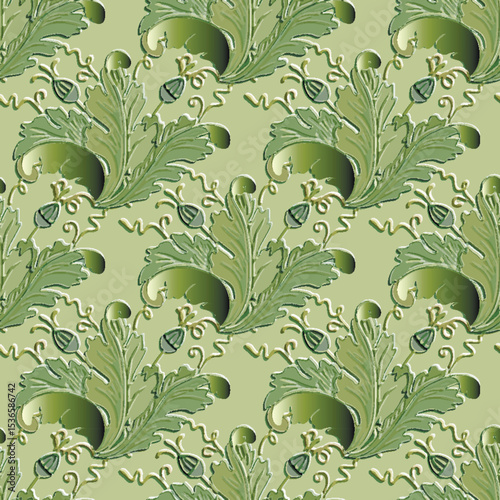 3d luxury seamless vector vintage leaves pattern with embossed baroque style foliage and ornamental flowers in green tones, ideal for fabric, wallpaper, classic interior design. Endless emboss texture