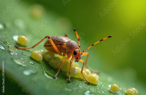 Macro photo of thrips insect with eggs on leaf. Insect in natural eco habitat. Small orange insect with dew drops on fresh green leaf. Close-up of tiny bug in wild nature. photo