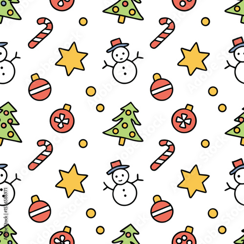 Festive seamless christmas pattern featuring snowmen trees ornaments candy canes and stars