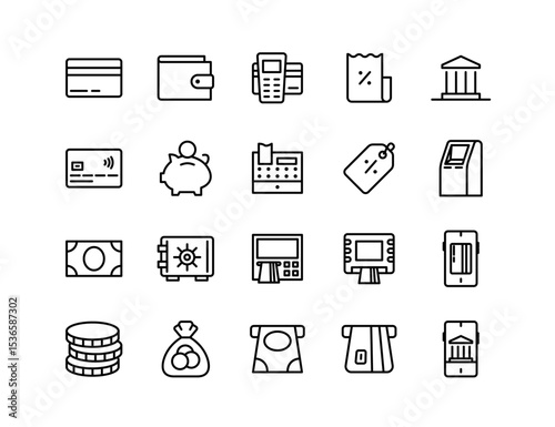Banking Vector Icon Set | Adjustable Line Weight | Icons include credit card, wallet, POS terminal, bank, receipt, ATM, piggy bank, vault, money, mobile banking, savings, interest tag, cash register