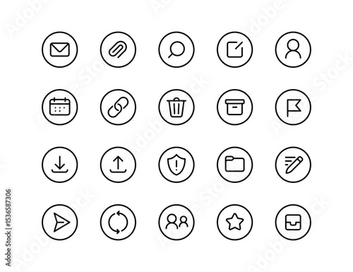 Email Communication UI Vector Icon Set | Adjustable Line Weight | Mail, message, contact, inbox, reply, attachment, send, archive, calendar, users, security, folder icons