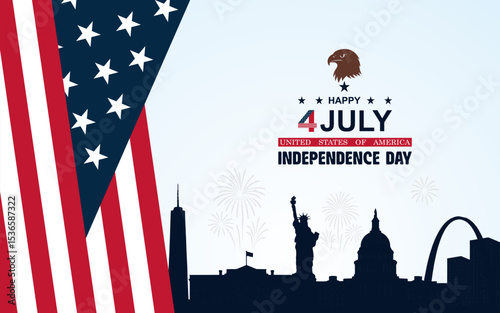 4th of July Independence Day Celebration with USA Flag, Fireworks, Liberty Landmarks, and Bald Eagle Silhouette. America Independence Day.