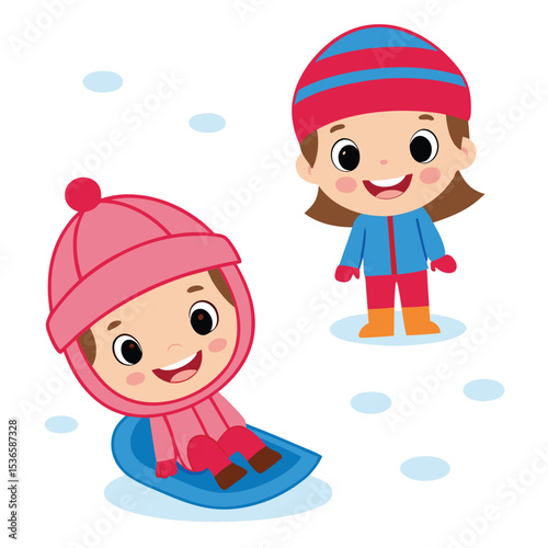 Happy children enjoying winter fun with snow sledding and playful outdoor activities
