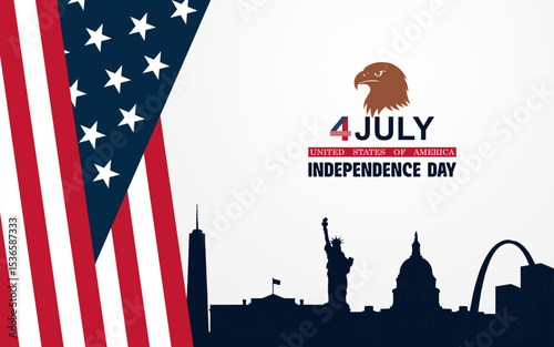 4th of July Independence Day Celebration with USA Flag, Fireworks, Liberty Landmarks, and Bald Eagle Silhouette. America Independence Day.