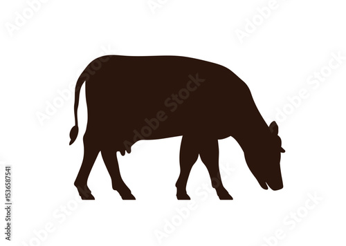 Milk cow silhouette, grazing, side view. Farm animal shade, black figure shadow in profile, feeding. Rural livestock, free-range cattle. Flat vector illustration isolated on white background