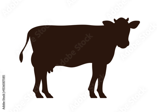 Dairy milk cow silhouette. Farm animal side view, black shade. Livestock, beef. Countryside cattle standing in profile, shadow figure, shape. Flat vector illustration isolated on white background