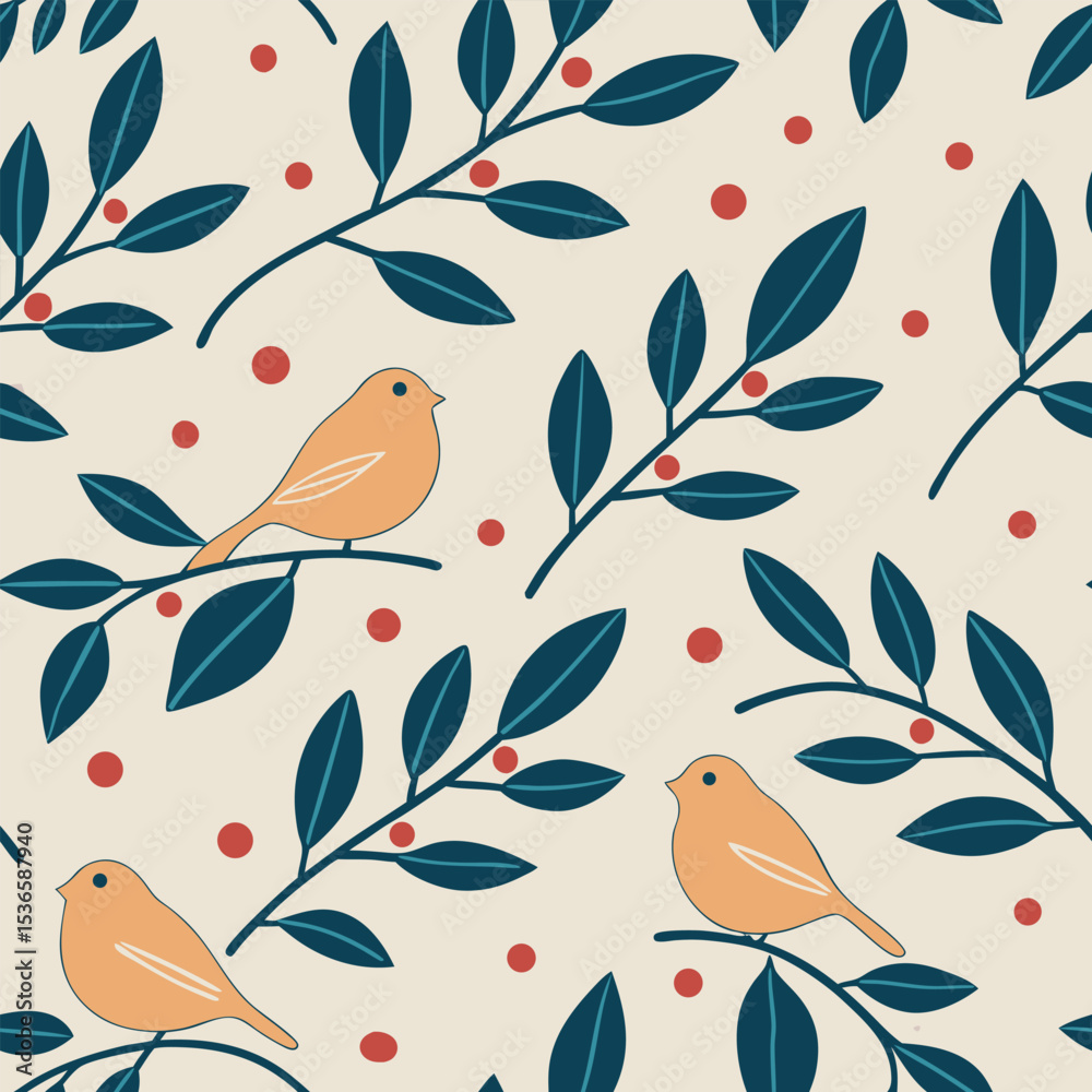 Obraz premium Seamless pattern of birds berries and leaves in flat design style for surface design