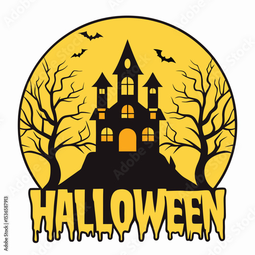 Spooky halloween night scene with haunted house bats trees and full moon decorations