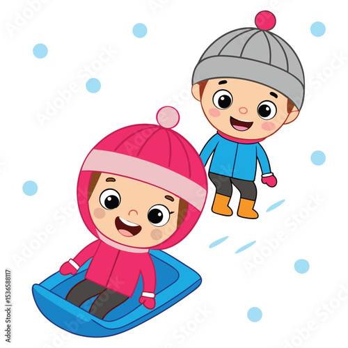 Two happy cartoon children playing in the snow enjoying sledding and winter activities.