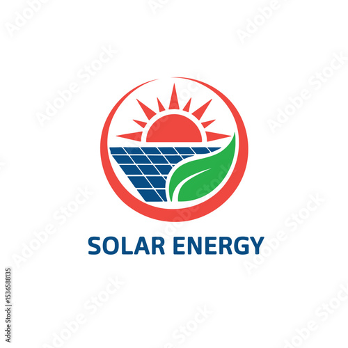 Solar Energy Logo Design, Renewable Energy Symbol with Sun, Solar Panels, and Leaf Solar Logo Design,
