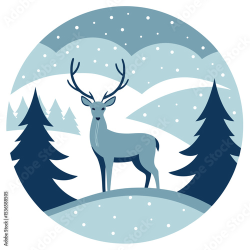 Winter scene featuring a reindeer standing in a snowy landscape with trees in a circular design