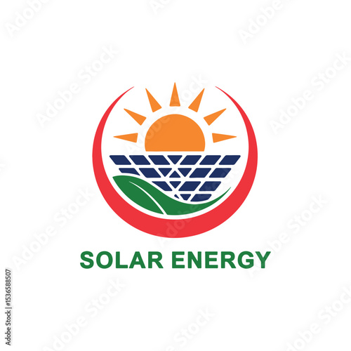 Solar Energy Logo Design, Renewable Energy Symbol with Sun, Solar Panels, and Leaf Solar Logo Design,