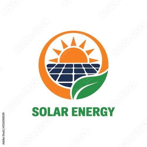 Solar Energy Logo Design, Renewable Energy Symbol with Sun, Solar Panels, and Leaf Solar Logo Design,