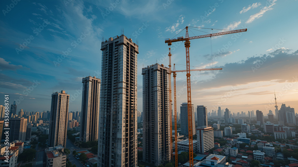 Obraz premium Large scale condominium construction site with the luffing jib tower crane, new hi-rise buildings growing up into the sky in a densely populated city of Bangkok, Thailand.
