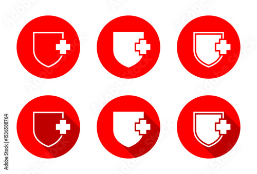 Medical shield icon set with long shadow. Healthy badge sign symbol