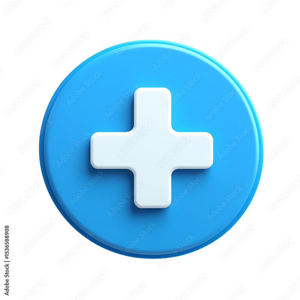Obraz premium 3D Plus Icon Blue Circle White Cross Medical Symbol App Button isolated on transparent background