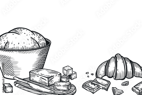 Cooking, the process of cooking, baking, bowl of dough, butter, sugar, croissant, chocolate. All objects are hand-drawn with ink. The illustration is suitable for printing in stores, food packaging.