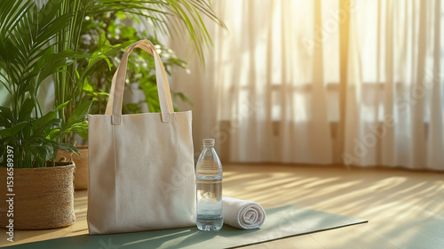 A tote bag mockup lying on a yoga mat next