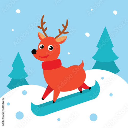 Cheerful cartoon reindeer enjoying snowboarding adventure amidst snowy winter wonderland scenery
