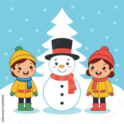 Cheerful cartoon children standing beside a snowman with a christmas tree backdrop