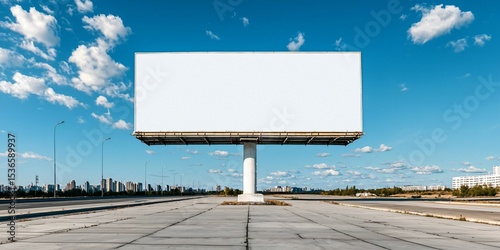freestanding white billboard against an open blue sky with scattered clouds, located in minimal architectural zone, paved concrete ground, perfect symmetry, fine shadows, subtle reflections,