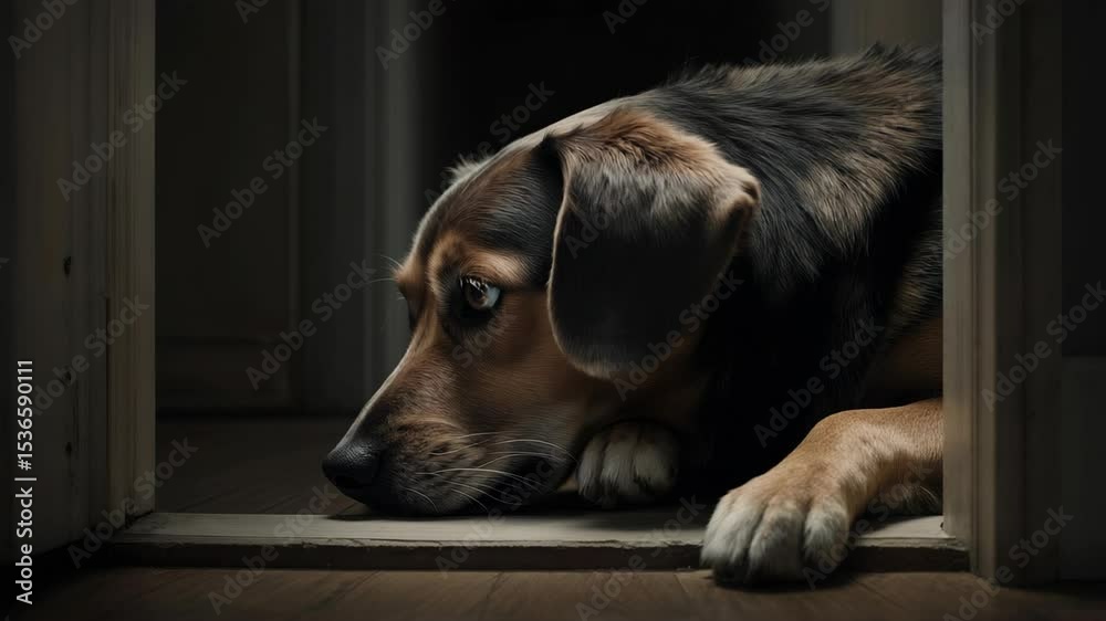 Dog resting at a doorway, displaying a somber expression in a dimly lit hallway during the evening hours