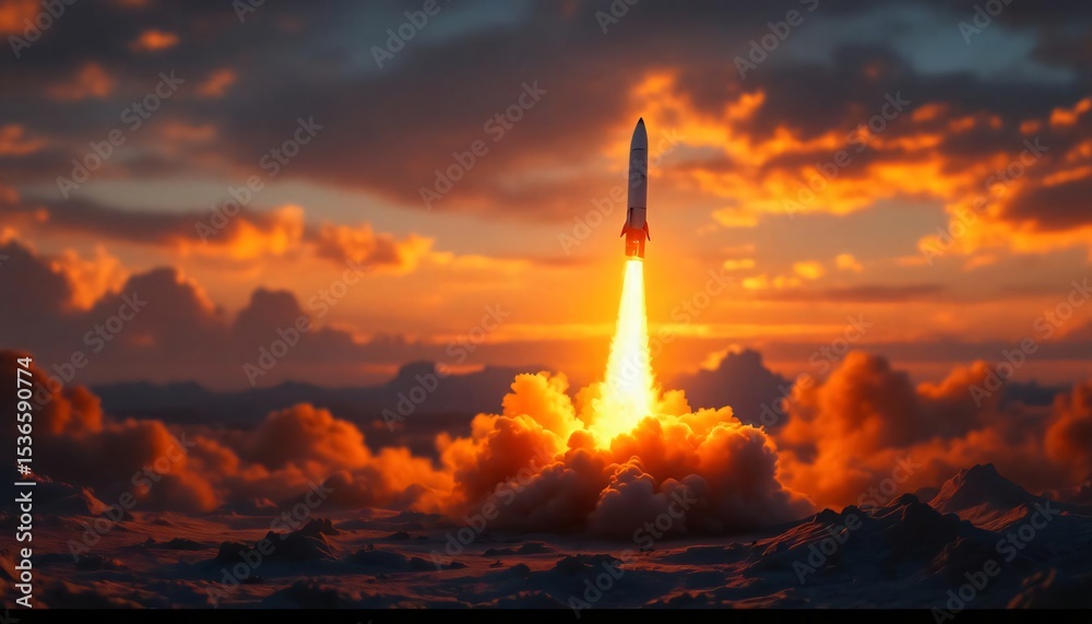 Fototapeta premium Dramatic Rocket Launch at Sunset Fiery Cloudscape Space Exploration