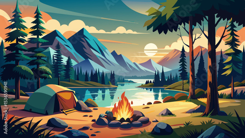 Scenic mountain lake campsite with campfire and surrounding forest landscape in vintage postcard style Very beautiful