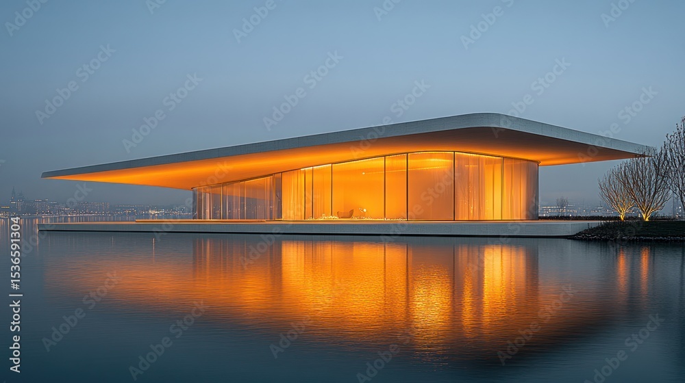 Obraz premium Modern waterfront pavilion illuminated at dawn