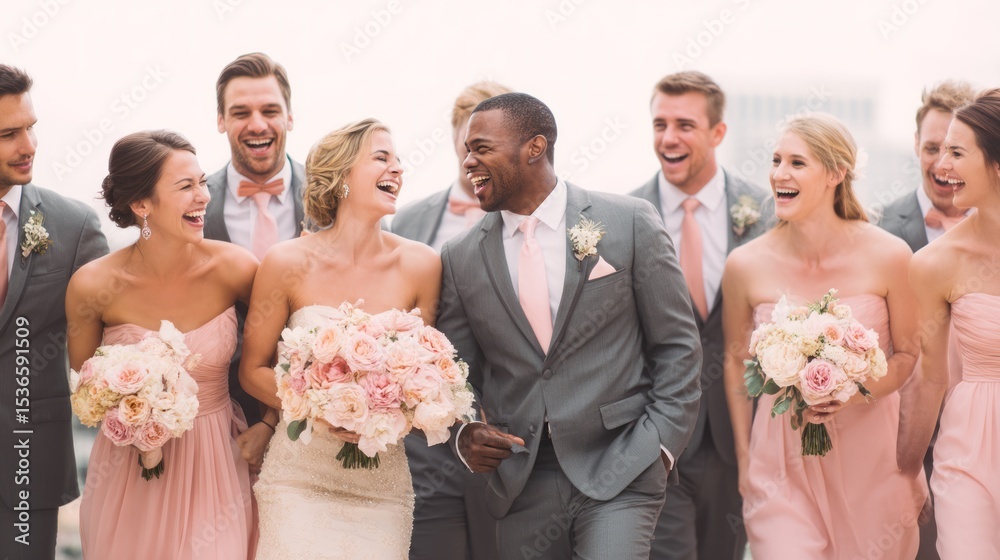 Fototapeta premium Encourage the wedding party to share a joke or funny story, capturing spontaneous laughter and authentic expressions