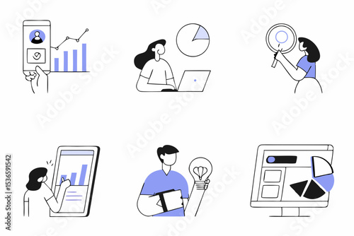 Social Media Marketing illustrations. 6 set. Collection of scenes with men and women taking part in business activities. Trendy vector style