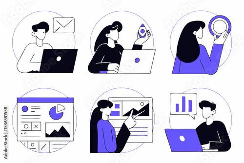 Social Media Marketing illustrations. 6 set. Collection of scenes with men and women taking part in business activities. Trendy vector style