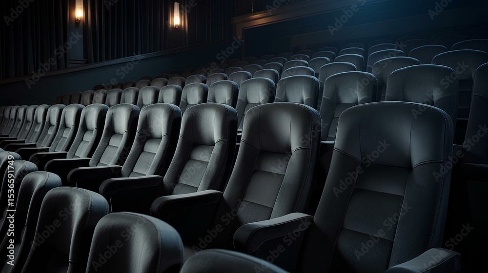 Fototapeta premium The interior of an upscale empty movie theater with soft black chairs and dim, and professional lighting.