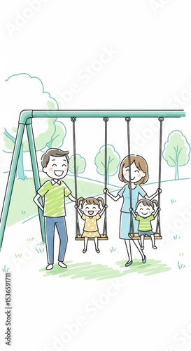 Happy Family Day at the Park: Parents Pushing Daughters on Swings Illustration