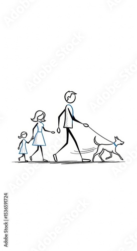 Stick Figure Family Strolling with Dog, Simple Line Art Illustration