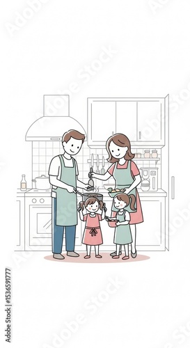 Illustrated family cooking together in a bright, minimalist kitchen scene