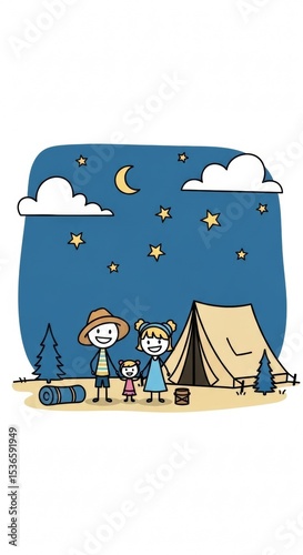 Cartoon family camping under starry night with tent and sleeping bag