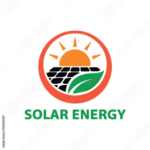 Solar Energy Logo Design, Renewable Energy Symbol with Sun, Solar Panels, and Leaf Solar Logo Design,
