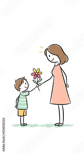 Child offering a colorful flower to his mother in a sweet cartoon illustration